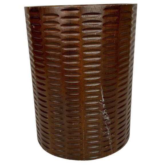 Textured Wooden Waste Basket Echo African Queen Brown Cylinder Trash Can - Picture 2 of 7